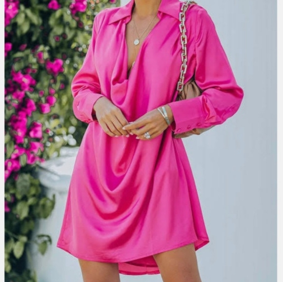 Hope's Dresses & Skirts - 》 Satin Barbie Hot Pink Sexy Drape Plunge Cowl Neckline Mini Shirt Dress - NWT